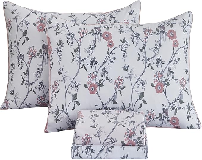 FADFAY Sheets Set Cal King Rustic Bird Floral Bed Sheets Set Vintage Botanical Bedding Shabby Branches Leaves Bedding Collections 100% Egyptian Cotton 17.7" Deep Pocket 4Pcs, California King Size