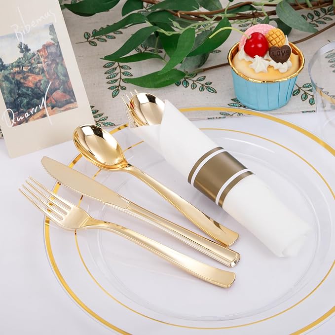 DaYammi 210PCS Clear Gold Plastic Dinnerware Set Christmas Plates Disposable Fancy Platos for Party Include: 30 Dinner Plates, 30 Dessert Plates, 30 Pre Rolled Napkins with Gold Silverware, 30 Cups