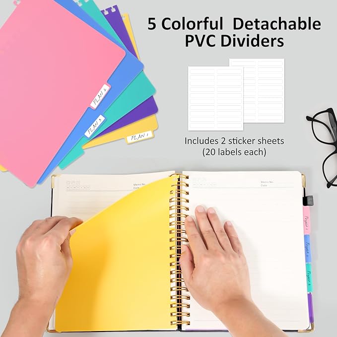 Hardcover Spiral Notebook Journal, 8"x10" Large B5 Notebooks with Removable Dividers Tabs, 300 Pages Leather 5 Subject Notebook College Ruled, Journal for Work School Note, 100 GSM Thick Paper,Black