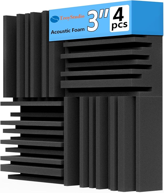 TroyStudio Thick Acoustic Foam Panels, 12 X 12 X 3 Inch 4 Pcs Broadband Sound Absorbing Foams, Dense Soundproof Padding Tile, Recording Studio Foam Absorber, Groove Decorative 3D Wall Ceiling Panel