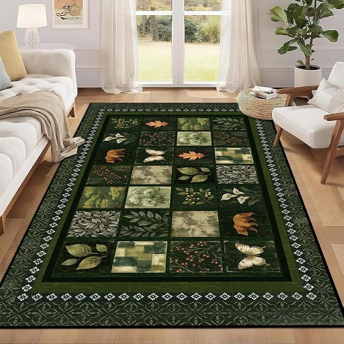 3'x5' Vintage Green Botanical Area Rug Non-Slip Washable Nature Patchwork Carpet Boho Floor Mat Rugs for Entryway Bedroom Living Room Nursery Kitchen Playroom Home Decor