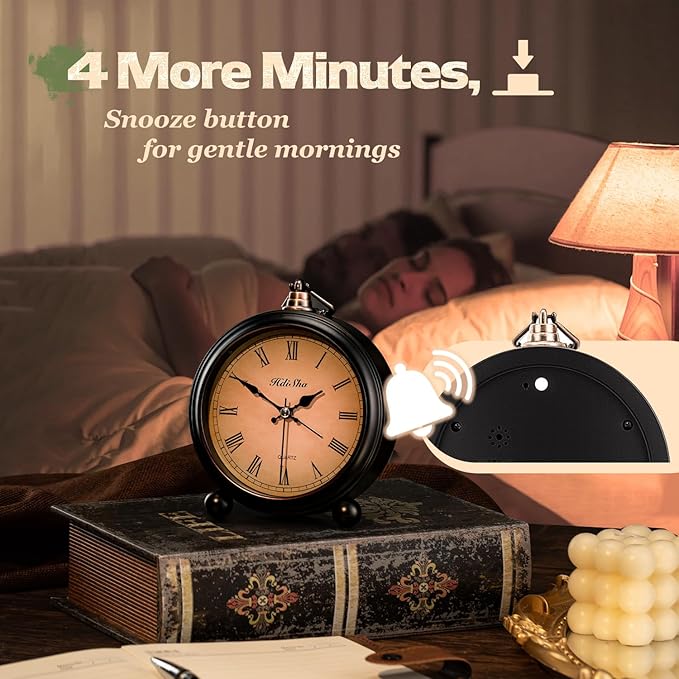 Hdisha Vintage Alarm Clock, 5 inch Battery Operated Silent Non Ticking Snooze Small Clock with Night Light, Old Fashioned Desk Clock Decor for Bedroom, Bedside, Living Room, Room (Roman)