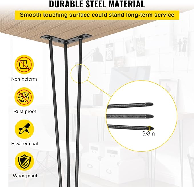 VEVOR Hairpin Table Legs 22" Black Set of 4 Desk Legs 880lbs Total Load Capacity Hairpin Desk Legs 3 Rods for Bench Desk Dining End Table Chairs Carbon Steel DIY Heavy Duty Furniture Legs