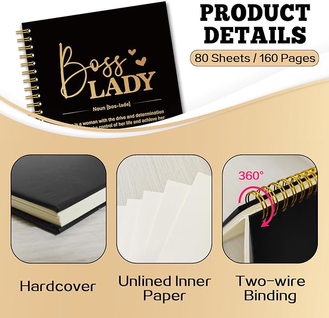 YAZMEEN Boss Lady Black Gold Spiral Notebook（160 Pages） Boss Lady Definition Hardcover Notebook Boss Lady Gift Thank You Boss Gift Retirement Gift for Women Entrepreneur Funny Birthday Gift for Boss