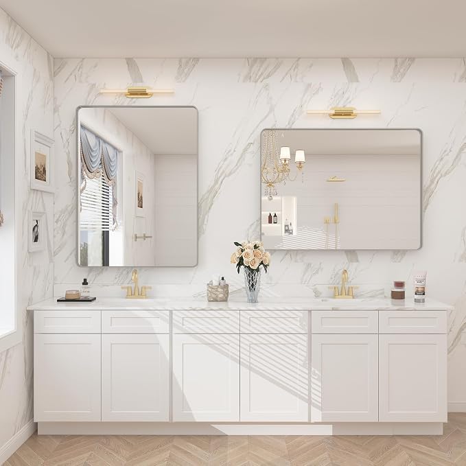 28x32 Silver Bathroom Mirror for Wall, Brushed Metal Framed Bathroom Vanity Mirror, Modern Rounded Corner Rectangle Mirror, Anti-Rust (Horizontal/Vertical)