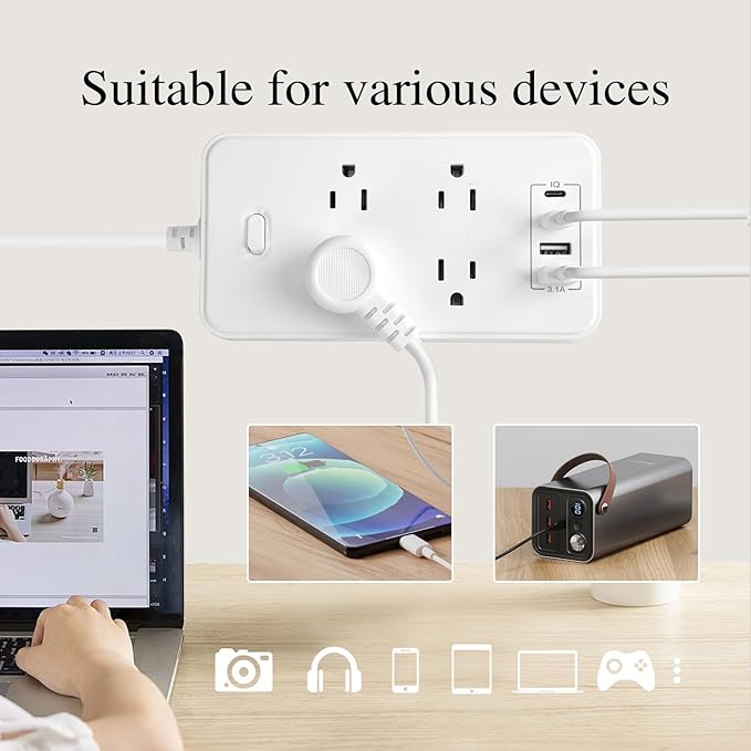 10FT Power Strip Extension Cord Surge Protector with 8 Outlets and 2 USB & 2 USB-C Port(5V 3.1A),Bold Extension Cord with Fuse Surge Protected Power Strip for Home Office (White)