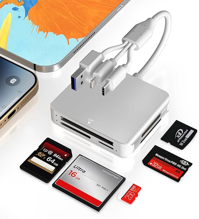 Memory Stick Pro Duo Adapter - 5 in 1 MS/SD/TF/CF/XD Card Reader Multi Camera Phone Adapter with Lightning/USB C/USB OTG, Use for Android iPhone 16/15/14 iPad Mac PC Laptop Memory Stick Pro Duo Mark2