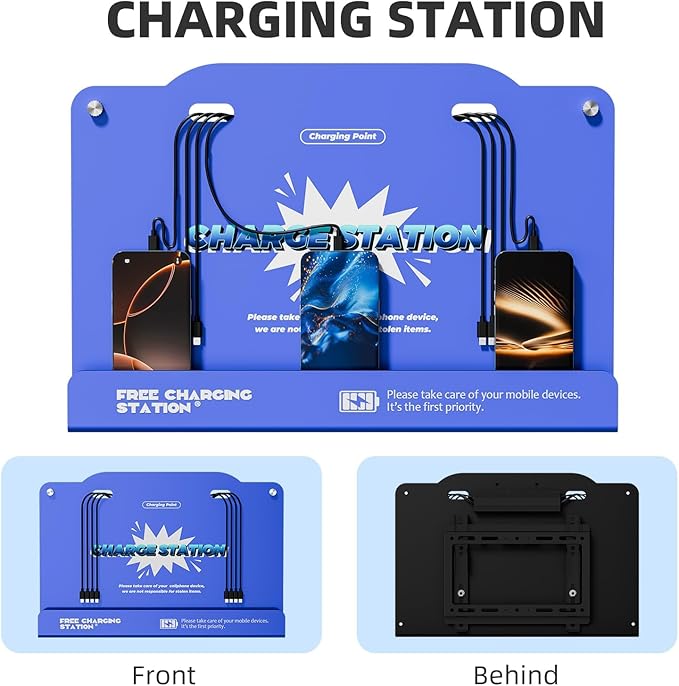 8-Port Wall Mounted Charging Station with Universal Cables – Fast Charging Dock for iPhone, Android & Type-C Devices – Perfect for Office, Airport, Hotel & School Use (Blue)