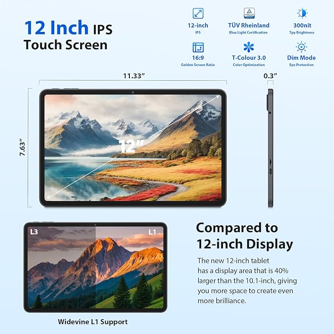 JJGJ 2026 12 Inch Android 16 Tablet with Keyboard, 24GB+256GB+2TB Expand, 2K Gemini AI Tablet with 5G WiFi, Octa-Core, 8000mAh, BT5.0, 16+8MP, 2 in 1 Tablets PC with Case, Mouse, Stylus (Black Case)