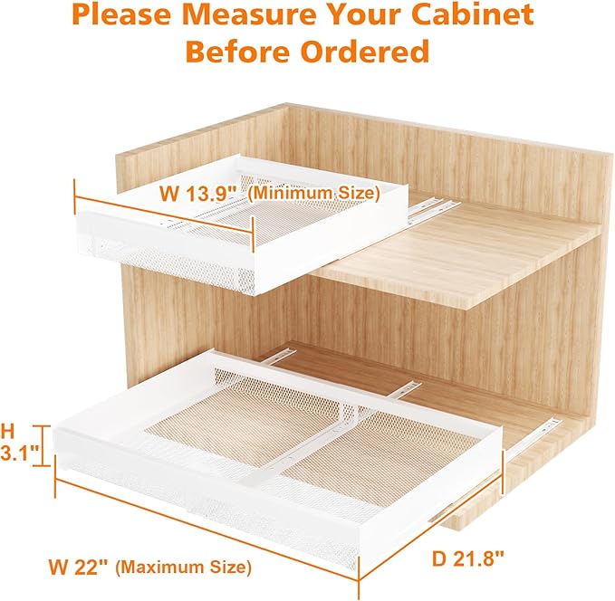 Hisencn Pull Out Cabinet Organizer, Expandable Width 13.9"-22", 21.8" Deep Heavy Duty Slide Out Drawer for Kitchen Cabinets, No Drill Roll Out Shelves with Adhesive Nano Film (White)