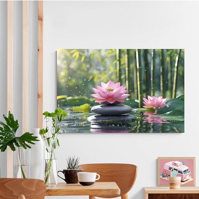 Ethereal pink lotus on obsidian Sunlit bamboo forest with sparkling water drops Poetic nature inspired wall art for tranquil homes and mindful spaces 24x36in Wood Framed