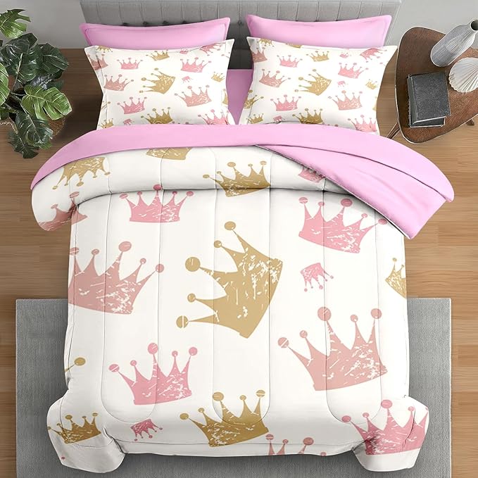 Comforter Set King Size, Cute Kids Crown 7 Pcs Bedding for Kids and Adults, Pink Princess Girls Bed Sheet Sets with Fitted Sheet 2 Pillowcase & 2 Sham for Bedroom Bed Decor