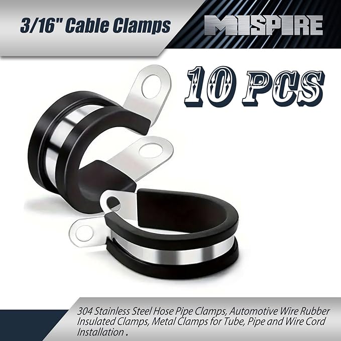 10 Pack 3/16 inch Cable Clamps, MISPIRE Stainless Steel Hose Pipe Clamps, Automotive Wire Rubber Insulated Clamps, Metal Clamps for Tube, Pipe and Wire Cord Installation