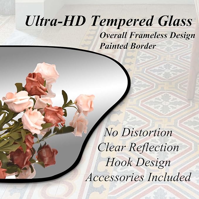 Irregular Wall Mirror, 60"x24" Asymmetrical Tempered Glass Mirror, Large Frameless Organic Shape Mirrors for Entryway Hallway Bedroom Living Room, Horizontal or Vertical Hanging