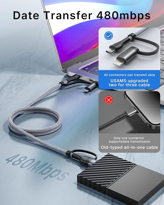 XUDUO 4 in 1 Charging Cable [2Pack 6.6FT] Fast Charging Cord Apple MFi Certified Lightning Cable Nylon Braided 60W Multi USB C Cable for iPhone 16/15 14 13 12 iPad Samsung Galaxy MacBook iPad Tablets