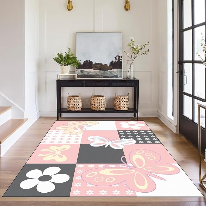 4'x6' Butterfly Area Rug Pink Butterfly Checkered Rugs for Bedroom Living Room Nursery Kitchen Playroom Home Decor Cute Flower Carpet Washable Non Slip Floor Mat