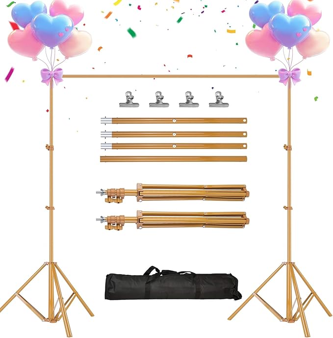 iMounTEK Backdrop Stand for Parties, Banner Stand Photographic Studio Photo Backgrounds 10ft Adjustable Photo Backdrop Stand Kits with a Carrying Bag Photo Backdrop Stand for Birthday/Wedding(Gold)