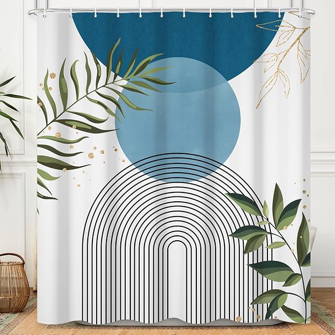 Boho Mid Century Shower Curtain, Light Blue Modern Minimalist Abstract Geometric Gold Plant Leaves Sun Arch Bathroom Curtains Waterproof Fabric Buthtub Curtain Set with Hooks 48" Wx72 L