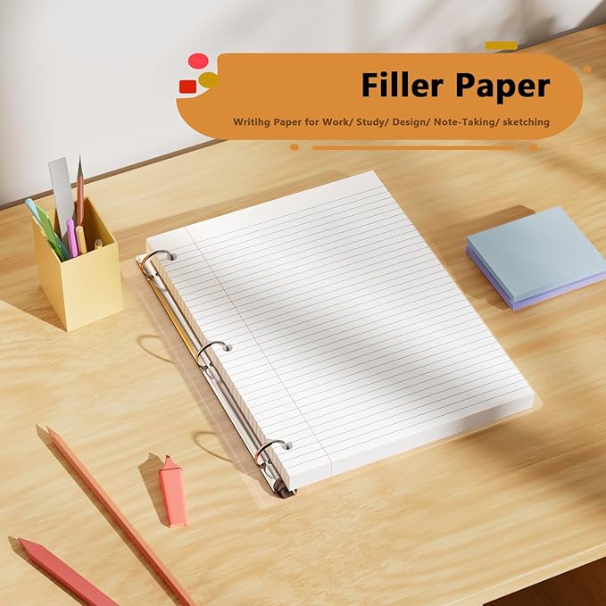 White Loose Leaf Paper 130 Sheets Filler Paper 8 * 10.5 College Ruled 3-Hole Punched for 3-Ring Binders Notebook Lined 8" x 10.5"