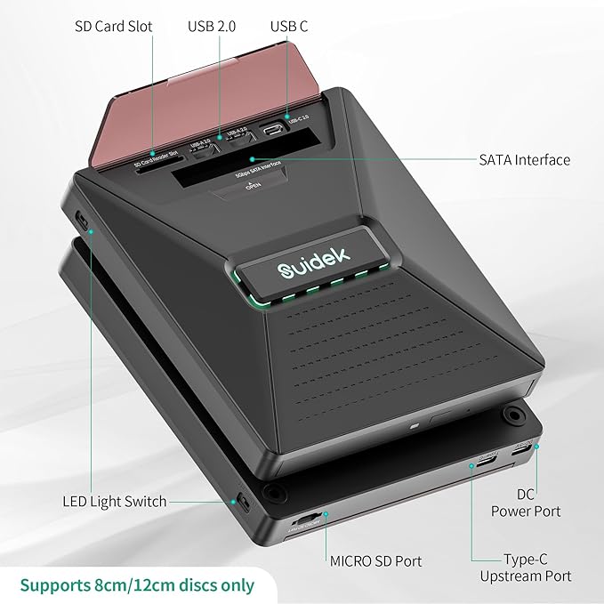CD DVD Drive External, Portable CD DVD Driver +/-RW Burner with 2.5" SATA,SD Card Reader and USB A Type C 2.0 Hub Compatible with Laptop PC