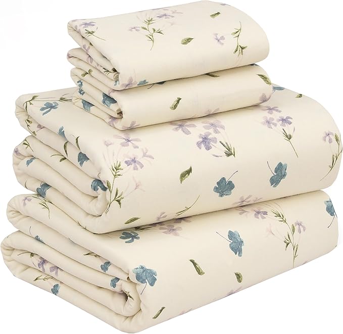 RUVANTI Flannel Sheets Full Size - 100% Cotton Double Brushed Bed Sheets Set, Deep Pockets 16 Inches, All Seasons Breathable & Extra Soft Full Sheets, Warm & Cozy, 4 Piece, Jasmine Stamp Cream