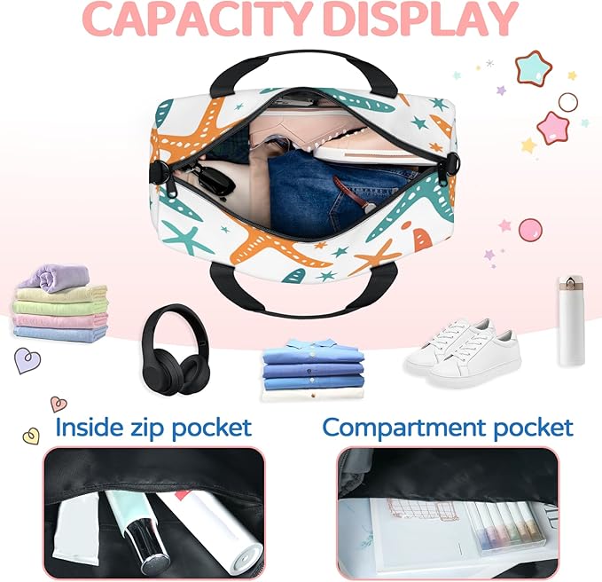 Cute Starfish Travel Duffle Bag for Women Men, Overnight Weekender Bag, Carry on Tote for Sport Gym