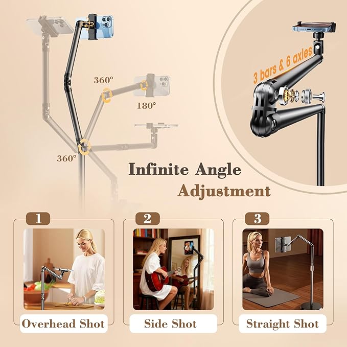 iBooMas iPad Stand,Tablet Floor Stand with Wireless Remote, Full-Angle Adjustable Overhead Phone Mount for Bed, 66" Tall Metal Stand with Heavy Base for iPad iPhone Kindle 4.7-12.9 Inch