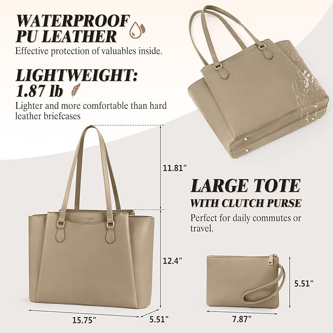 RAINSMORE Laptop Bag for Women 15.6 Inch Work Tote Bags Waterproof Computer Bags Leather Professional Laptop Purse Womens Laptop Briefcase Large Handbag for Office Teacher Travel, Beige