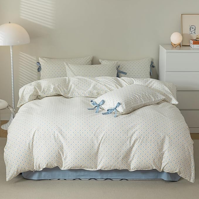 HighBuy Blue Flowers Comforter Set Queen Girl Grid Floral Garden Botanical Comforter Set Queen Boho Coquette Bedding Comforter Sets with 2 Bowknot Bow Tie Pillowcases Soft Fluffy
