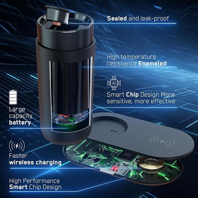 LEGARDLILIU Temperature Control Heated Coffee Mug Smart Self Heating Travel Mug 12 Oz App Controlled Warmer Mug 4-10 Hour LED Display Keep Coffee Hot Fast Wireless Charger Base Iron Black