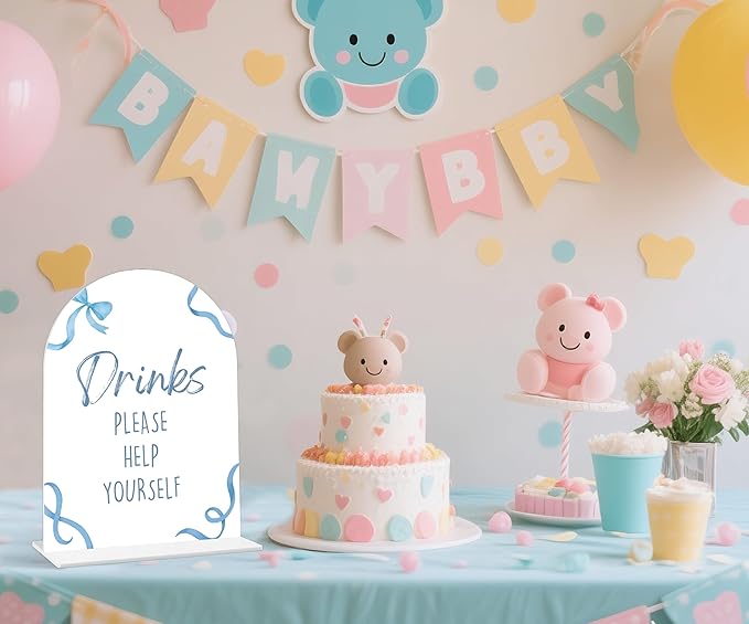 Drinks Please Help Yourself Sign - Blue Bow Baby Shower Sign, 1 Pack Arch Acrylic Sign with Stand, Gender Reveal Party Table Decor, Blue Baby Shower Supplies (SP10)