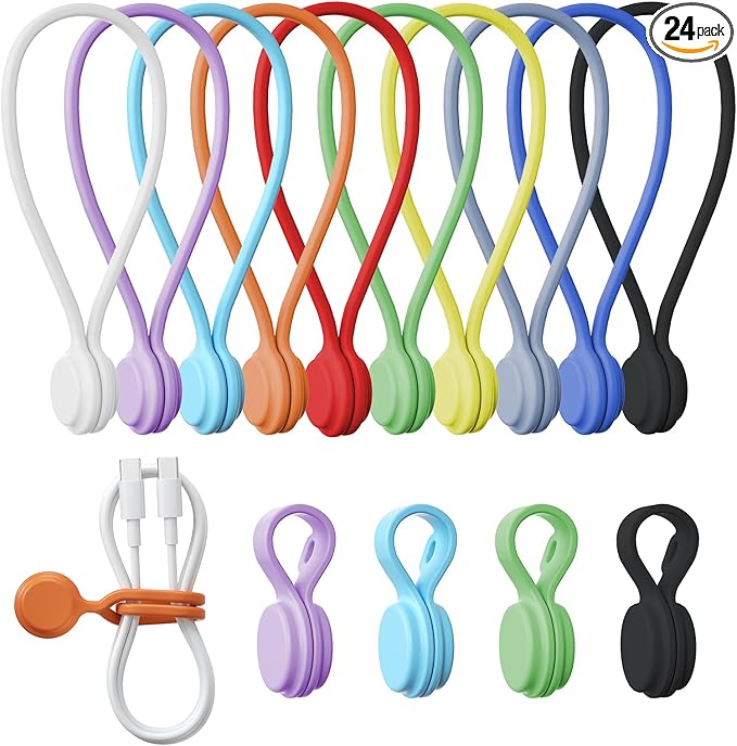 Tounee Reusable Silicone Magnetic Cable Ties - 2 Sizes Combo (4pcs 2.56'' + 20pcs 7.16'') - Multi-Purpose for Cable Bundling, Organizing, Bookmarks & Fridge Magnets - Assorted Colors, Pack of 24