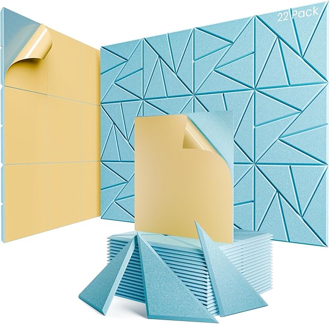 22 Pack Acoustic Panels with Self-Adhesive, 12"X 12"X 0.4"Sound Proof Foam Panels, Sound Panels High Density, Soundproof Wall Panels for Home Studio Office Aqua Blue