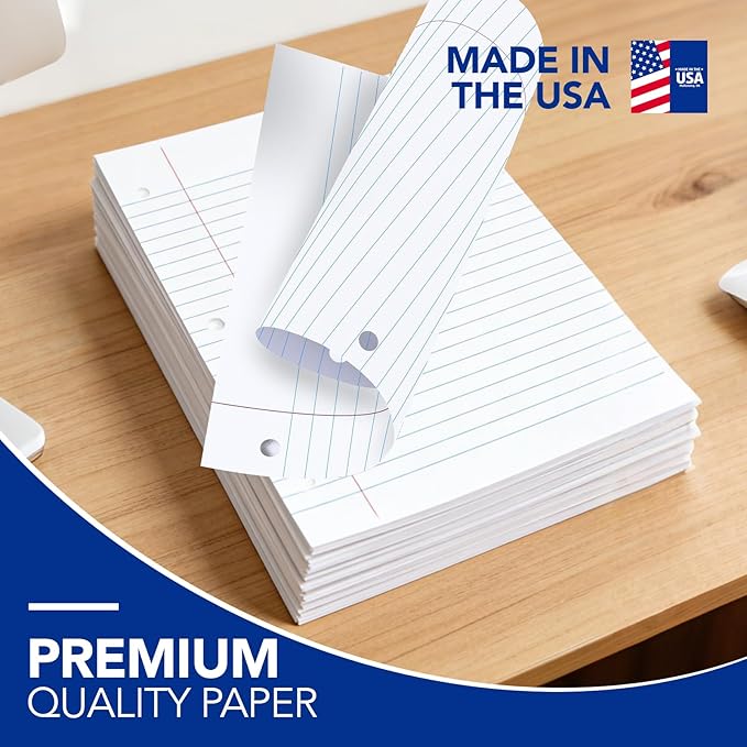 KAISA Loose Leaf Notebook Paper, Wide Ruled, 300 Sheets Per Lined Paper, 8" x 10.5", 3 Hole Punched for 3 Ring Binder, Canary, Made In USA
