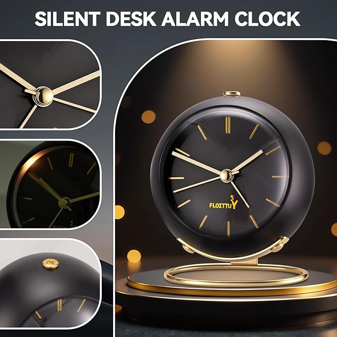 FLOITTUY Silent Table Analog Alarm Clock No Ticking, Lighted on Demand and Battery Operated, Beep Sounds, Small Desk Clock(Shiny Black)