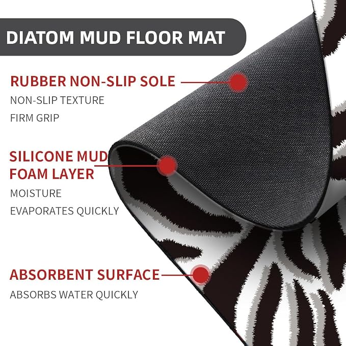 Diatomaceous Earth Bath Mat,Black and White Zebra Print Non-Slip Volume Super Absorbent Fast Drying for Bathroom Kitchen Door mat,Eco-Friendly Easy to Clean 20×31Inch (50 * 80cm)