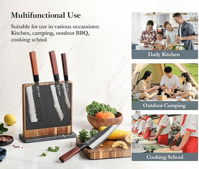 HEZHEN Double-sided Magnetic Knife Holder without Knives, Acacia Wood Knife Block with Leather Cover, Space-saving Knife Storage, Strong Enhanced Magnets Strip, Non-slip Marble Base
