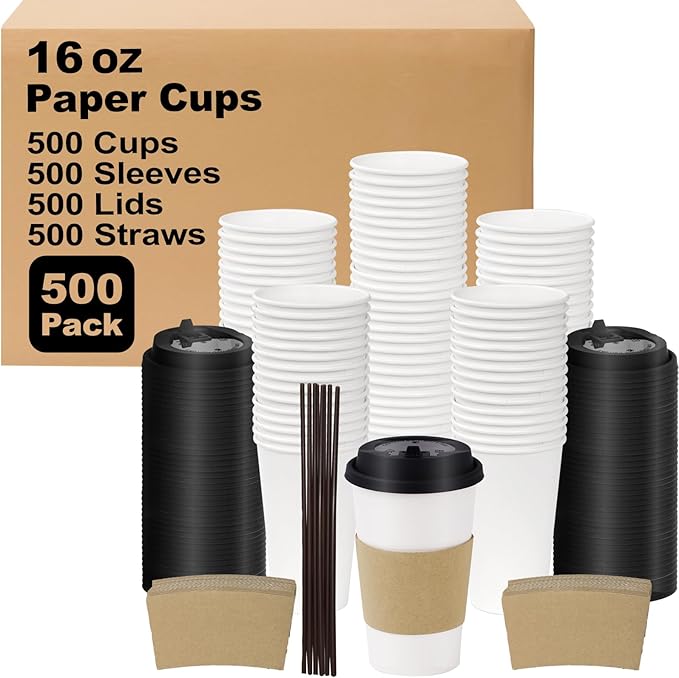 Coolcap 16 oz 500 Pack Coffee Cups with Lids and Sleeves, Straws, Hot Disposable To Go Travel Paper Cups Bulk for Office, Home Coffee Bar Accessories, Chocolate, Cocoa, Beverage (White)