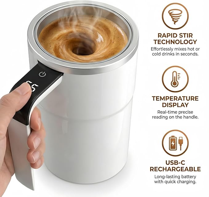 Automatic Magnetic Stirring Coffee Mug with Temperature Display, Rechargeable Self Stirring Mug, Portable Coffee Mug for Home Office Travel (White)