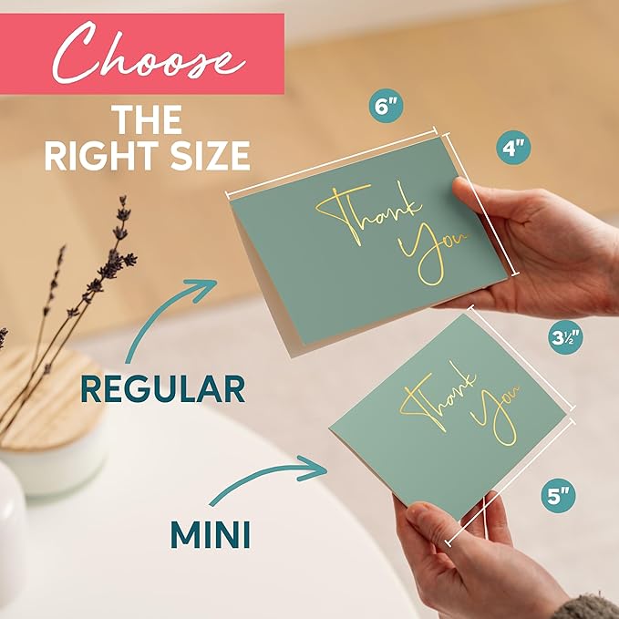 VNS Creations Gold Foil Thank You Cards With Envelopes Bulk Set & Stickers - 100 Pack 4x6 Blank Thank You Notes - Large Note Card Small Business, Wedding, Baby Shower & Bridal Shower - Granite Green