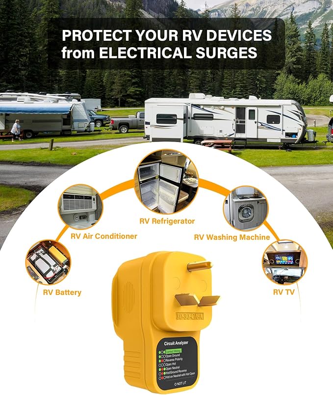 30 Amp RV Surge Protector with Display Screen, Real-Time Voltage Monitor, Circuit Analyzer, 30A Male to Female Plug, 2100 Joules Surge Protection, LED Indicator Lights for Camper & Travel Trailer