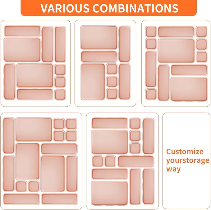 45 Pack Pink Plastic Drawer Organizer Trays - 3-Size Storage for Kitchen, Bathroom, Office, Vanity, Makeup, Utensils, Junk Drawer Organizer Bins, Gadget Trays