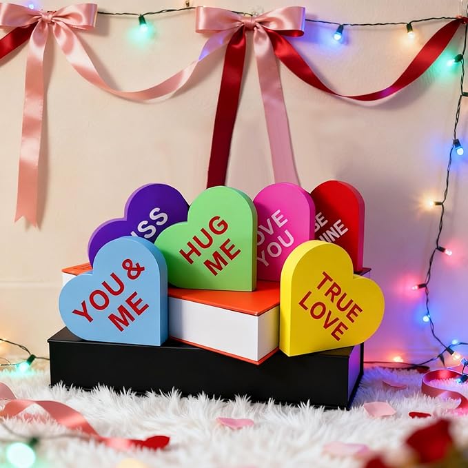 Valentines Day Wooden Heart Table Decor, 6PCS Double-Sided Conversation Heart Signs for Tiered Tray, Rustic Farmhouse Freestanding Wood Blocks, Valentine's Day Wedding Party Decorations and Gifts