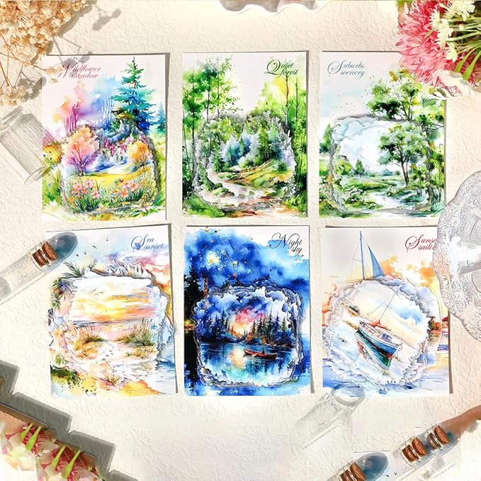 120PCS Large PET Nature Scenery Stickers for Journaling, 2.76 x 2.76 inches, 6 Assorted Landscape Scrapbook Stickers for Scrapbooking, Craft Art, Bujo, Junk Journal Supplies, Collage Decorative