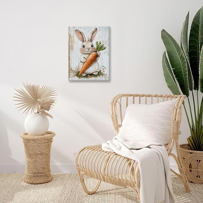 Rabbit Wall Art, Easter Bunny Pictures Wall Decor, Farmhouse Rabbit Carrot Canvas Prints, Rustic Cute Animal Painting Framed Artwork for Bathroom Living Room Bedroom Office Dining Room 24"X20"