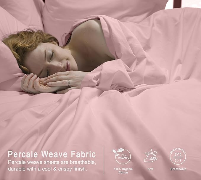 RUVANTI 100% Organic Cotton Sheets Full Size, Percale Weave, GOTS Certified, 4-Piece Set, Deep Pocket 15", Crisp & Breathable, Soft Durable Bedding, Sábanas Algodón Orgánico – Peach Skin