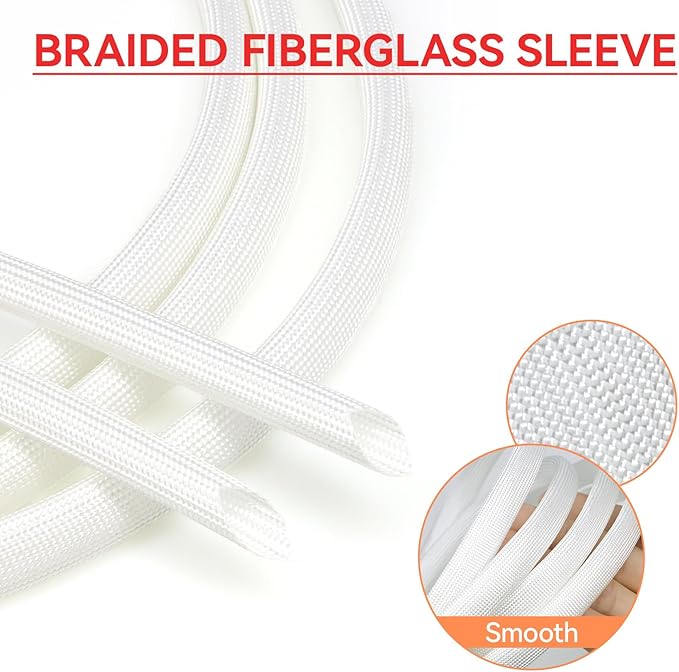 Braided Fiberglass Sleeve, 10ft High Temp Cable Sleeve, Flexible Cable Management Cable Protector for Car Wire Loom Protection (White, 1/4")