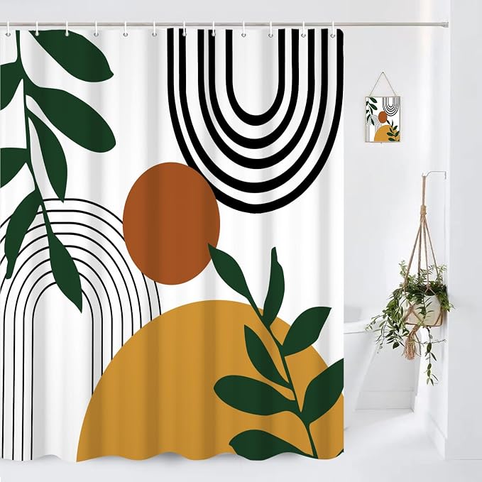 Boho Geometric Shower Curtain White Beige Mid Century Abstract Arch Curve Bathroom Curtain Minimalistic Sun Shower Curtain Sets for Bathroom Extra Long 72x78 in with 12 Hooks