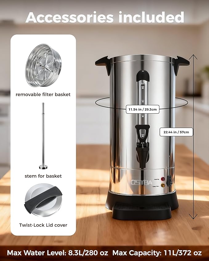 OSTBA 950W Commercial Coffee Urn 50 Cup / 8.3L 304 Stainless Steel Percolator Coffee Pot, Double-Wall Hot Water Dispenser Electric Coffee Maker Fast Brewing for Home, Office, Catering & Small Events