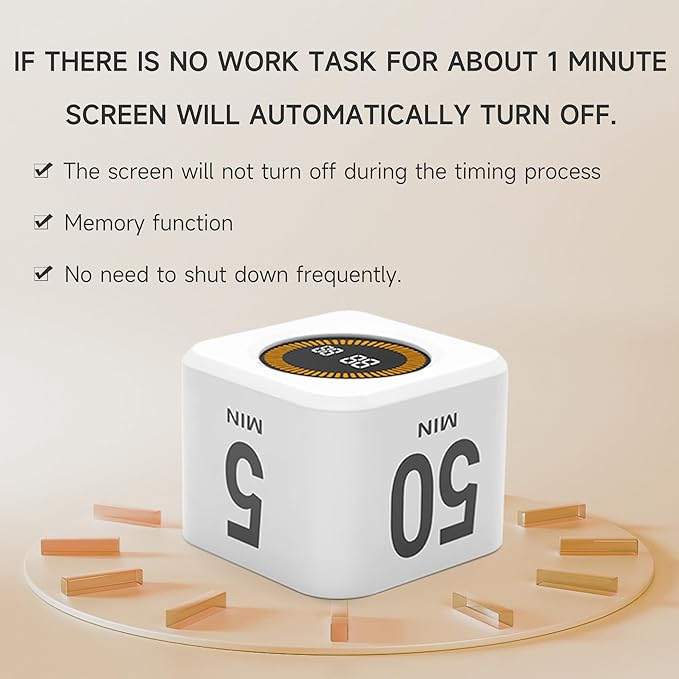 Exlliy Rotating Productivity Timer 5, 25, 10, 50 Minutes Preset, Desk Cube w/Gravity Sensor for ADHD, Mute Functions, Ideal for Work, Study, Kitchen, Back to School (1, White)